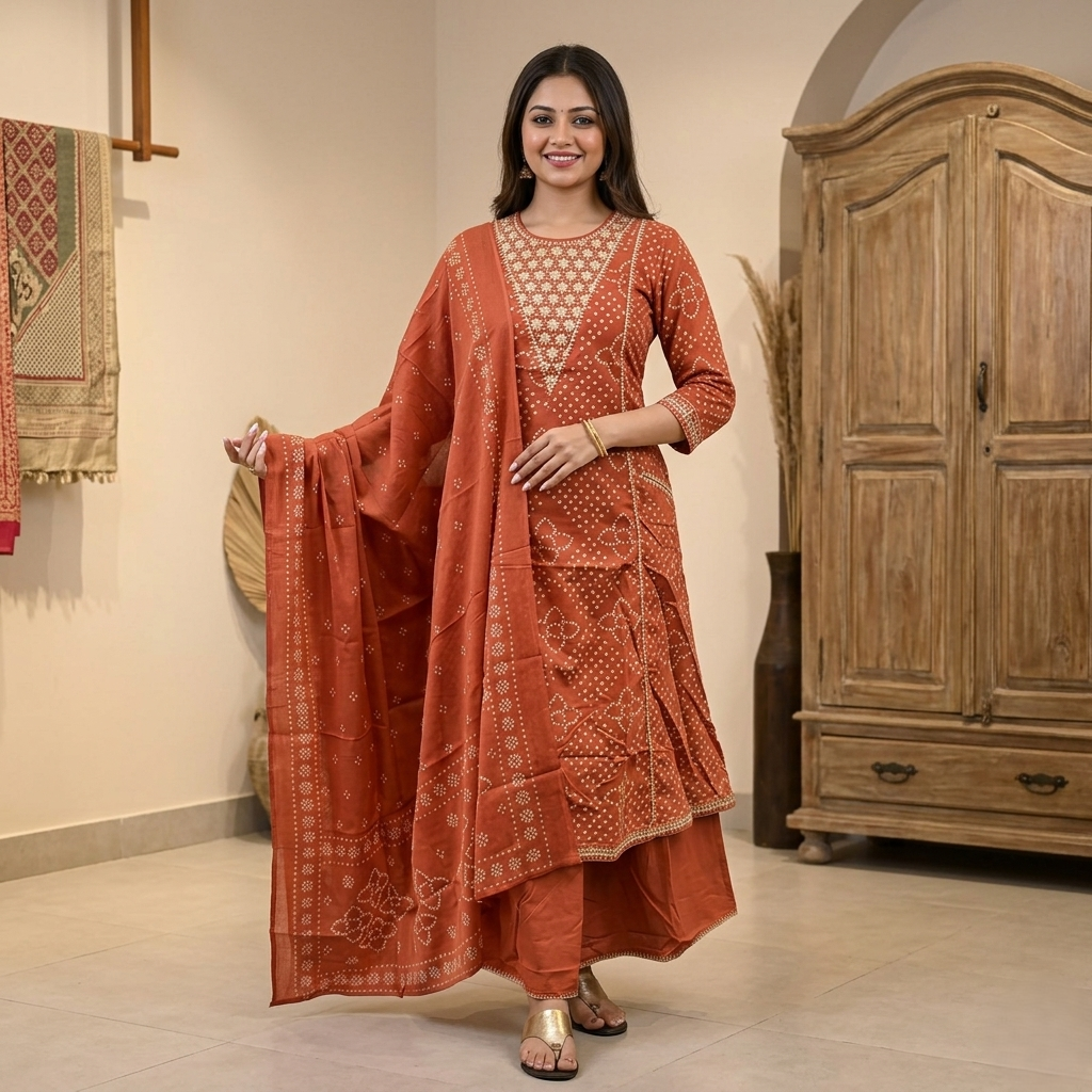 Bandhani Print Anarkali 3-Piece Suit