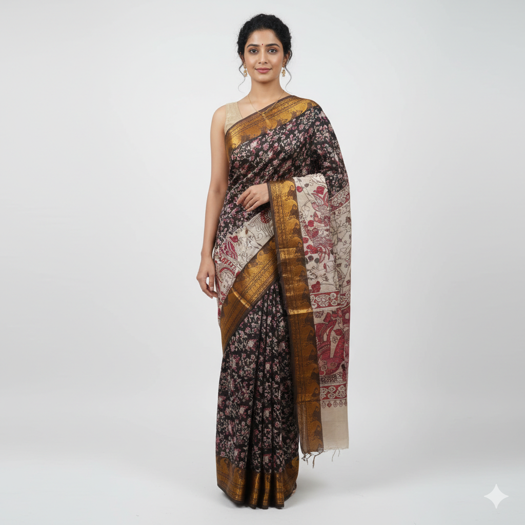 charcoal black & pink kalamkari chanderi silk saree with rich antique kanchi border charcoal black & pink kalamkari chanderi silk saree with rich antique kanchi border