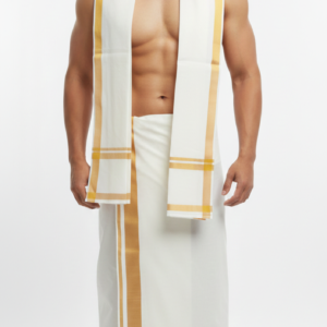 classic men's milky white cotton dhoti with rich gold zari border