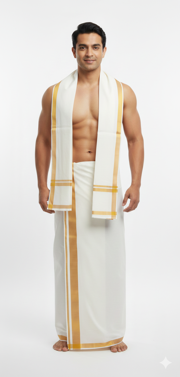 classic men's milky white cotton dhoti with rich gold zari border classic men's milky white cotton dhoti with rich gold zari border