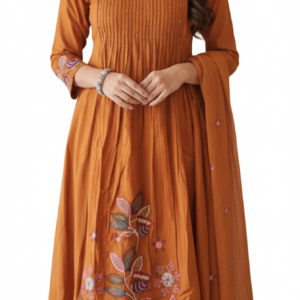 elegant mustard yellow soft cotton anarkali suit set