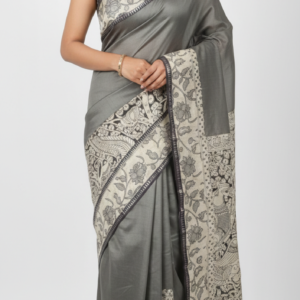 elegant steel grey chanderi silk saree with kalamkari border & pallu