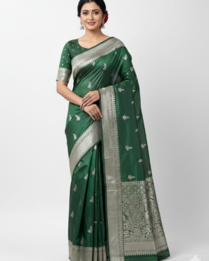 emerald green banarasi silk saree with pure silver zari weaving
