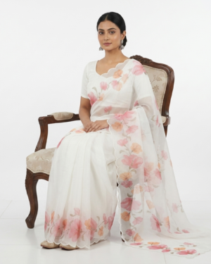 Ethereal White Organza Saree with Pink Floral