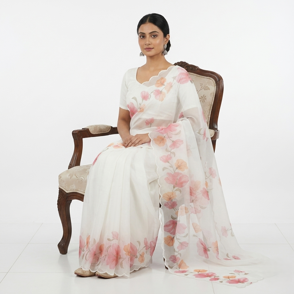 Ethereal White Organza Saree with Pink Floral