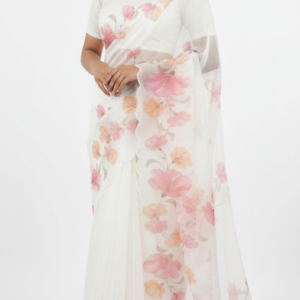 ethereal white organza saree with romantic pink floral digital print & scalloped borders