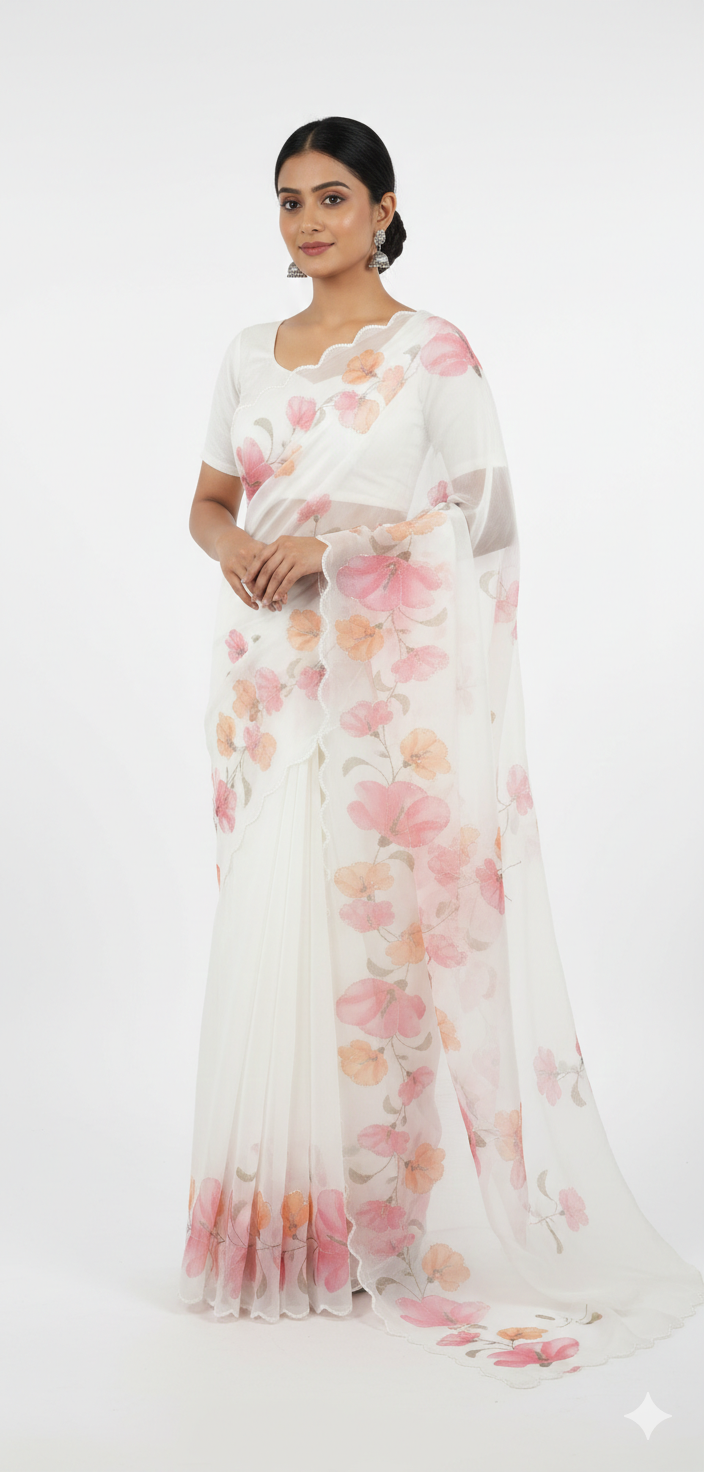 ethereal white organza saree with romantic pink floral digital print & scalloped borders ethereal white organza saree with romantic pink floral digital print & scalloped borders