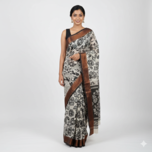 kalamkari cotton saree in ivory & charcoal with zari border