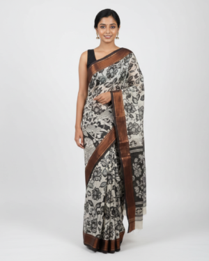 kalamkari cotton saree in ivory & charcoal with zari border