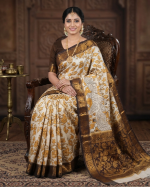 Kalamkari Cream With Yellow Floral Design