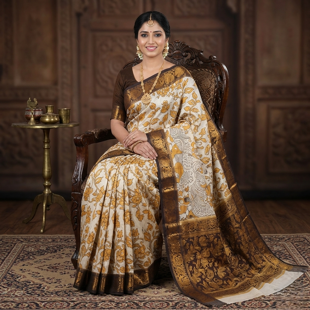 Kalamkari Cream With Yellow Floral Design