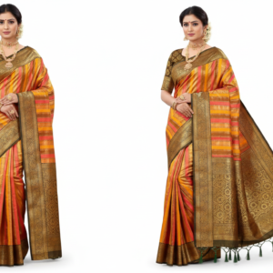 lustrous multi color striped silk saree with antique gold zari border and heavy brocade pallu