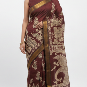maroon kalamkari cotton saree with antique zari border and traditional mythological motifs