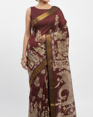 maroon kalamkari cotton saree with antique zari border and traditional mythological motifs