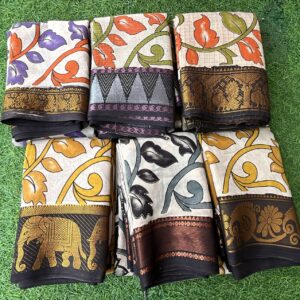 premium kalamkari silk saree with traditional elephant & floral motifs and rich gold zari border