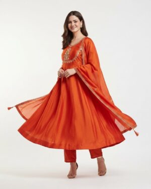 Radiant Burnt Orange Cotton Anarkali Suit 3 Piece Set