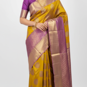 royal mustard yellow & purple dharmavaram pattu silk saree with gold zari brocade – premium south indian ethnic wear