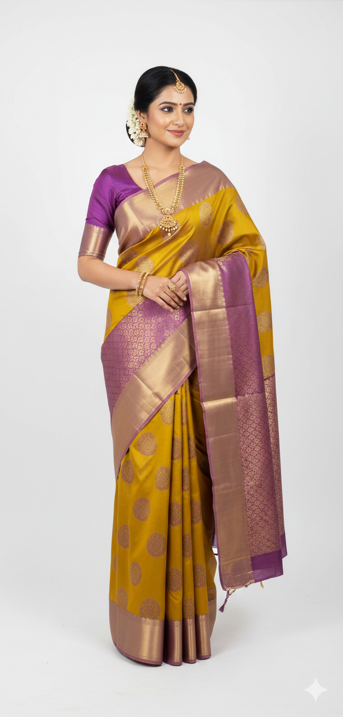 royal mustard yellow & purple dharmavaram pattu silk saree with gold zari brocade – premium south indian ethnic wear royal mustard yellow & purple dharmavaram pattu silk saree with gold zari brocade – premium south indian ethnic wear
