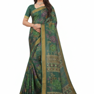 teal green soft silk saree with vibrant floral digital print