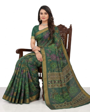 Teal Green with Vibrant Floral Digital Print Saree