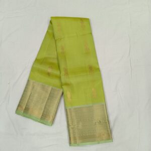 Elegant Lime Green Silk Saree with Traditional Gold Zari Border and Mango Buttas