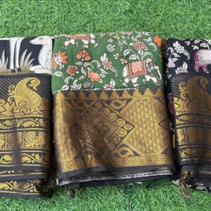 Kalamkari Print Silk Sarees with Gold Zari Borders