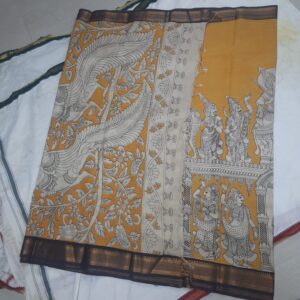 traditional kalamkari semi silk saree with rich zari borders and hand block inspired animal motifs