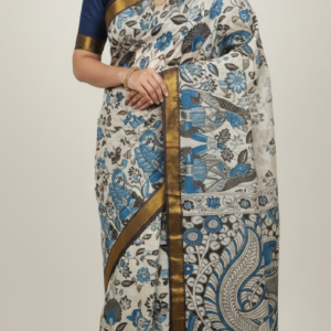 white & blue kalamkari cotton saree with antique gold zari border and floral vine motifs