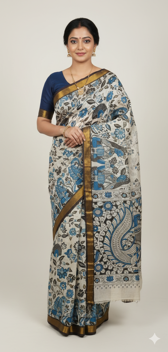 white & blue kalamkari cotton saree with antique gold zari border and floral vine motifs white & blue kalamkari cotton saree with antique gold zari border and floral vine motifs