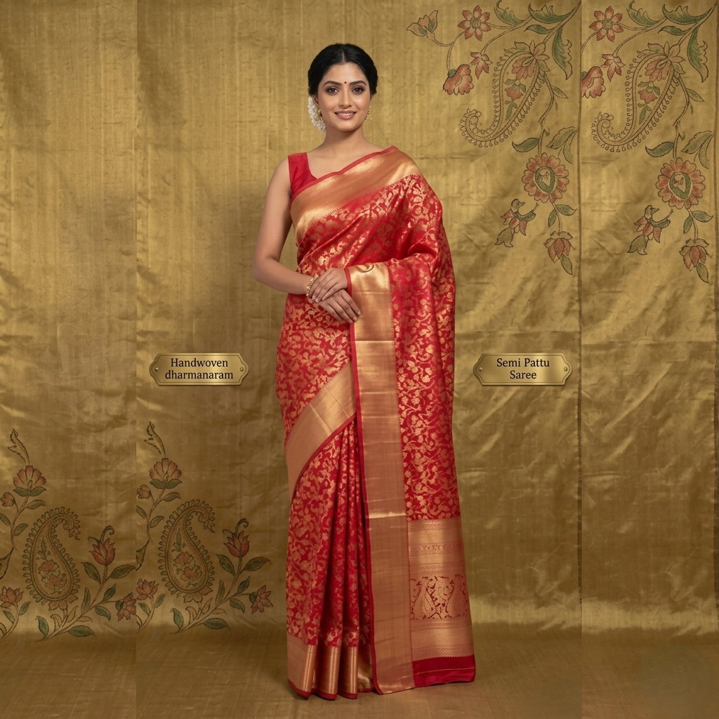 Semi Silk Saree with Rich Gold Zari Border