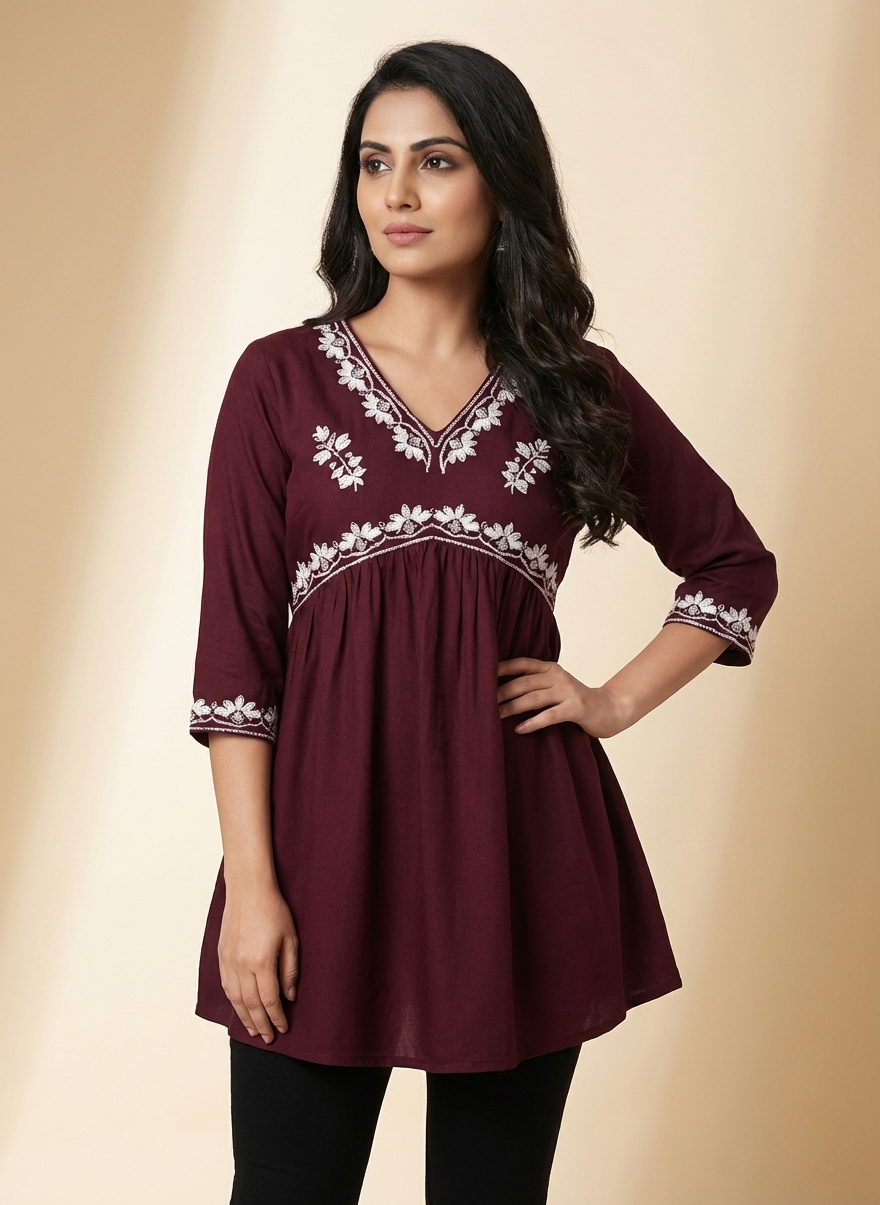 chic maroon cotton embroidery kurti