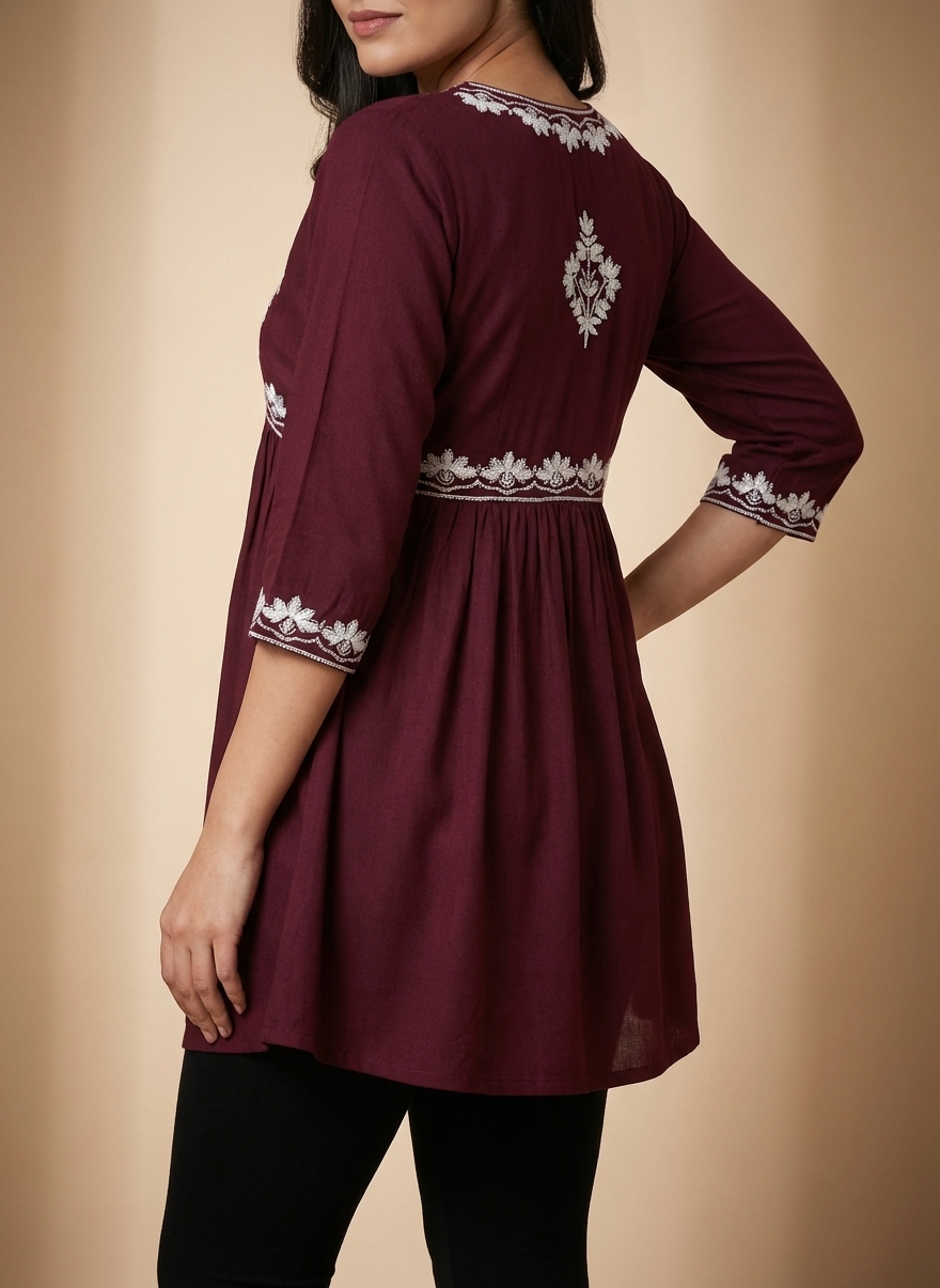 chic maroon cotton embroidery kurti