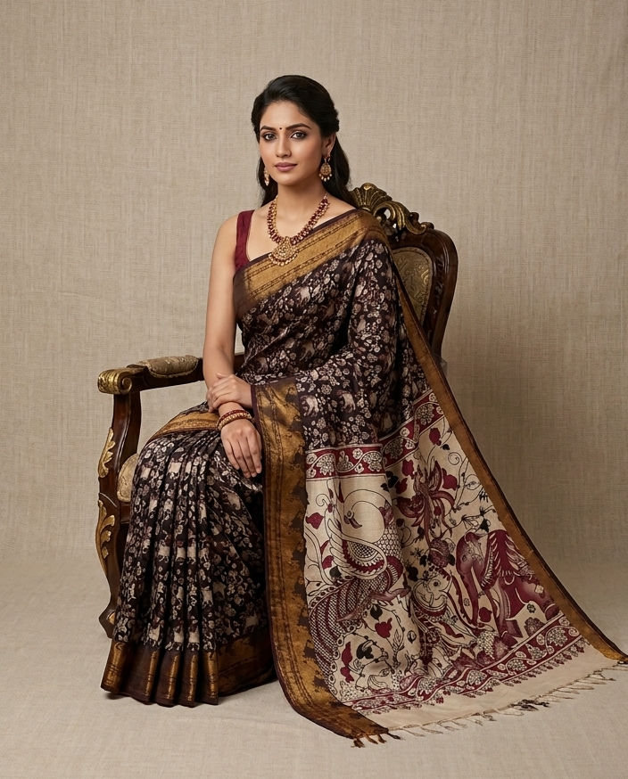 Traditional Kalamkari Art and Golden Zari Border