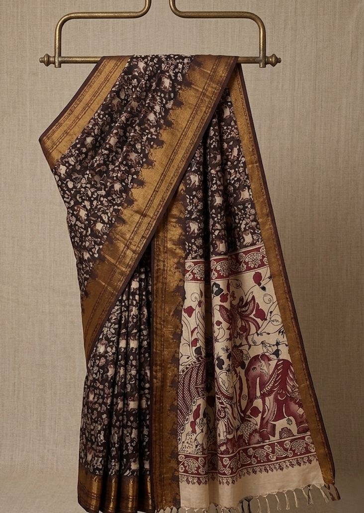 chocolate brown tussar silk saree with traditional kalamkari art and golden zari border