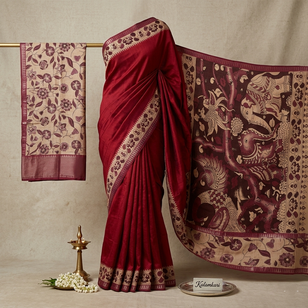 deep maroon tussar silk saree with hand painted kalamkari pallu and floral borders