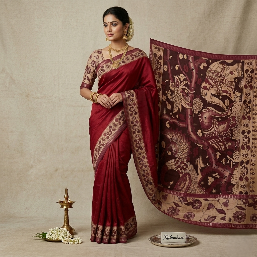 deep maroon tussar silk saree with hand painted kalamkari pallu and floral borders