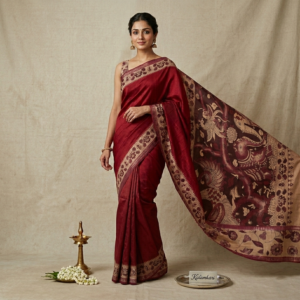 deep maroon tussar silk saree with hand painted kalamkari pallu and floral borders