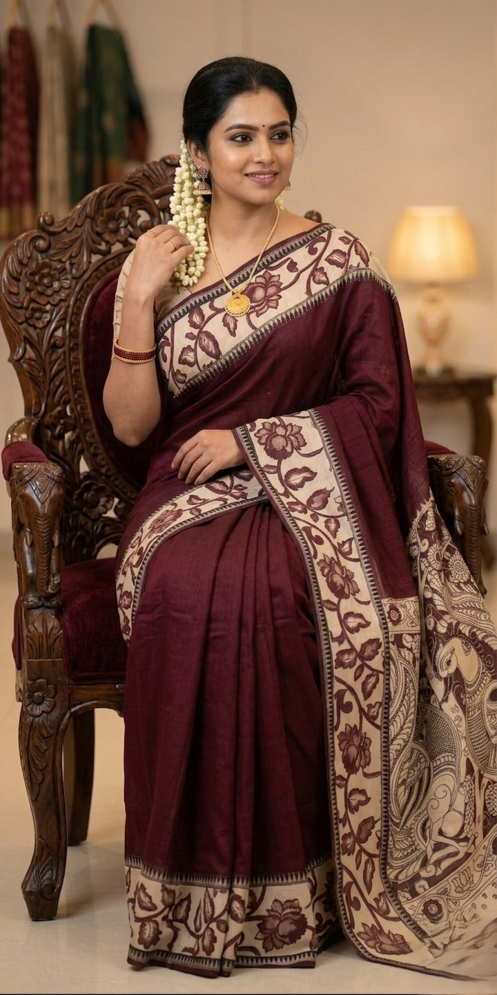deep maroon with mythological peacock pallukalamkari saree