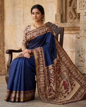 Deep Navy Blue Kalamkari Art Silk Saree