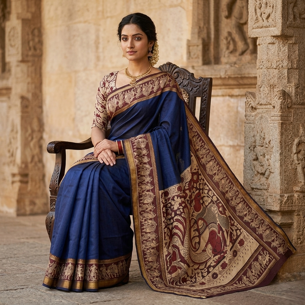 Deep Navy Blue Kalamkari Art Silk Saree