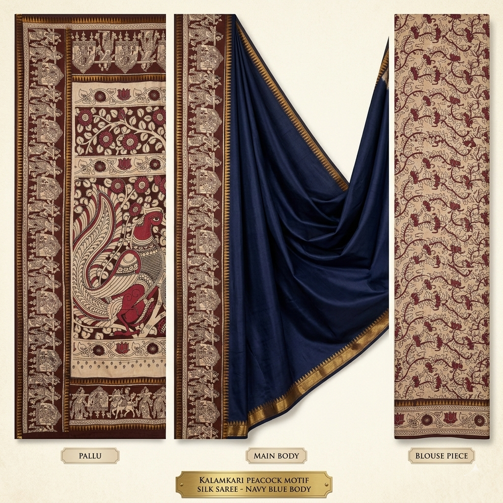 elegant deep navy blue kalamkari art silk saree with traditional figural border and intricate pallu