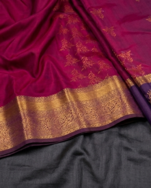 dharmavaram hand woven semi pattu saree in magenta pink & deep purple with golden zari border
