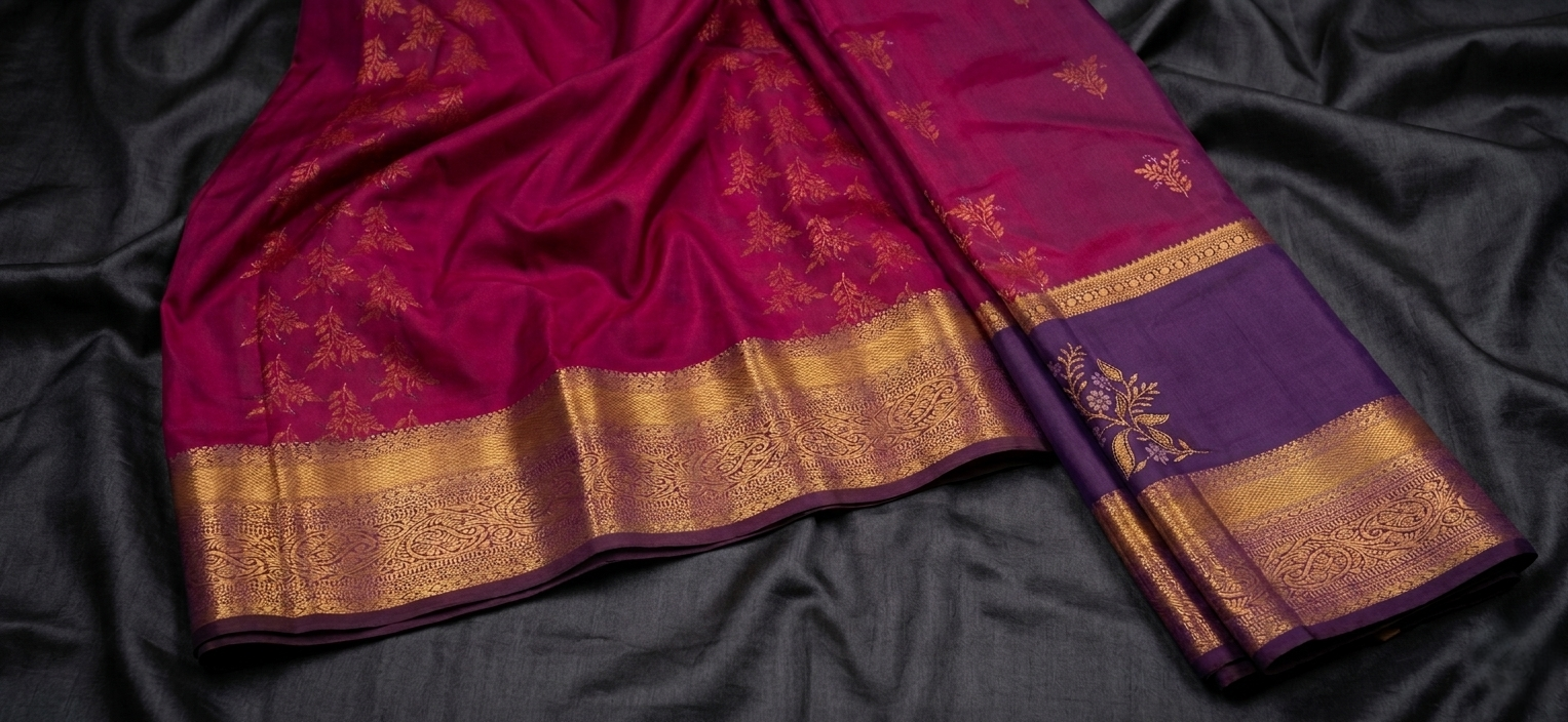dharmavaram hand woven semi pattu saree in magenta pink & deep purple with golden zari border