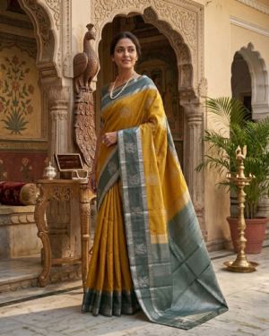 Dharmavaram Handloom Semi Pattu Saree in Mustard Gold & Steel Grey with Silver Zari Motifs