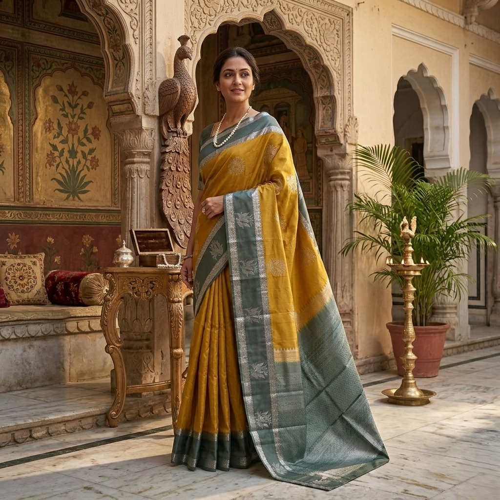 Dharmavaram Handloom Semi Pattu Saree in Mustard Gold & Steel Grey with Silver Zari Motifs
