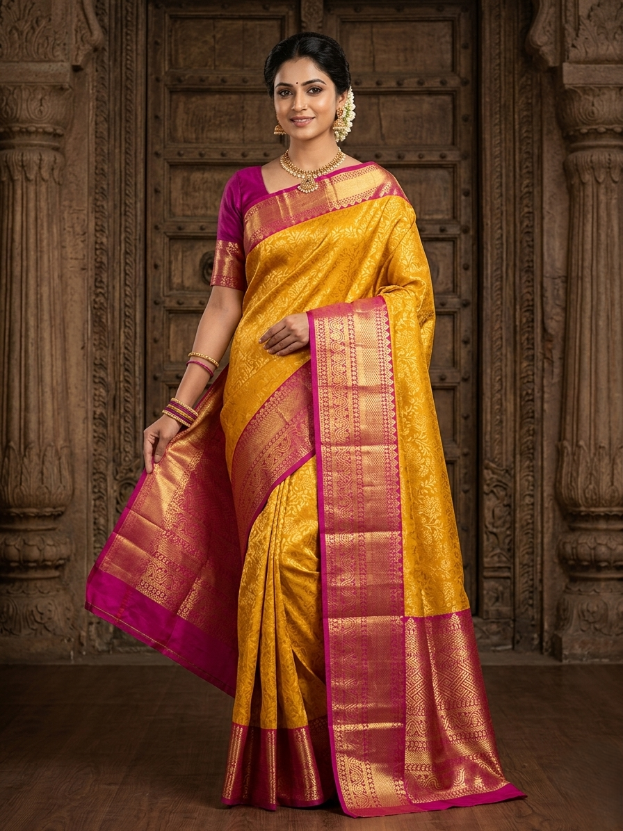 dharmavaram hand woven semi pattu saree in mustard yellow & rani pink with allover floral self design