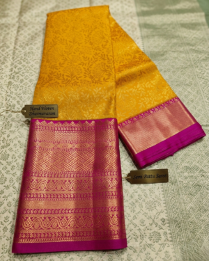 Dharmavaram Semi Pattu Saree in Mustard Yellow & Rani Pink with Allover Floral Self-Design