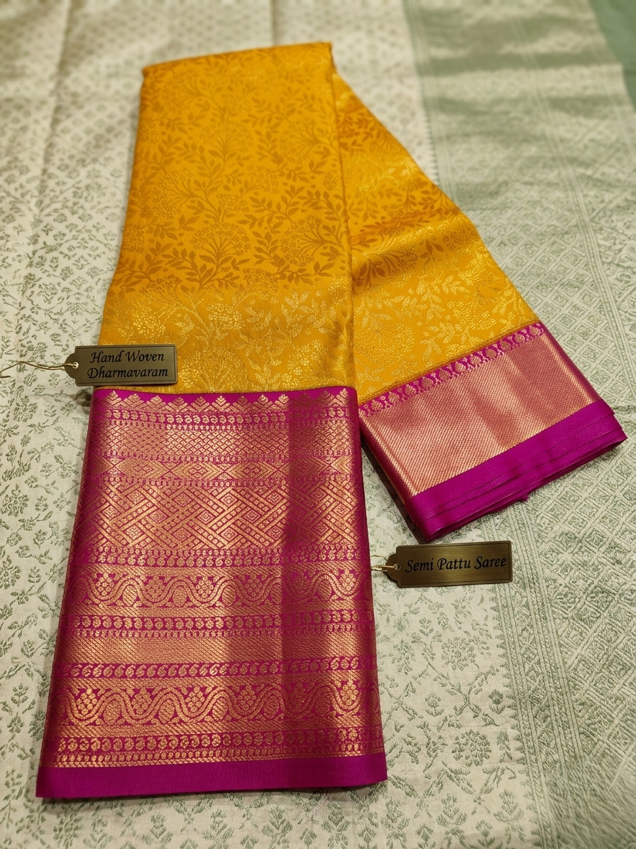 Dharmavaram Semi Pattu Saree in Mustard Yellow & Rani Pink with Allover Floral Self-Design