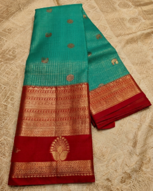 dharmavaram hand woven semi pattu saree in sea green & crimson red with checkered zari pattern