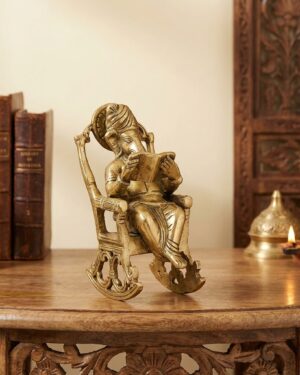 Divine Brass Ganesh Reading in Chair Figurine